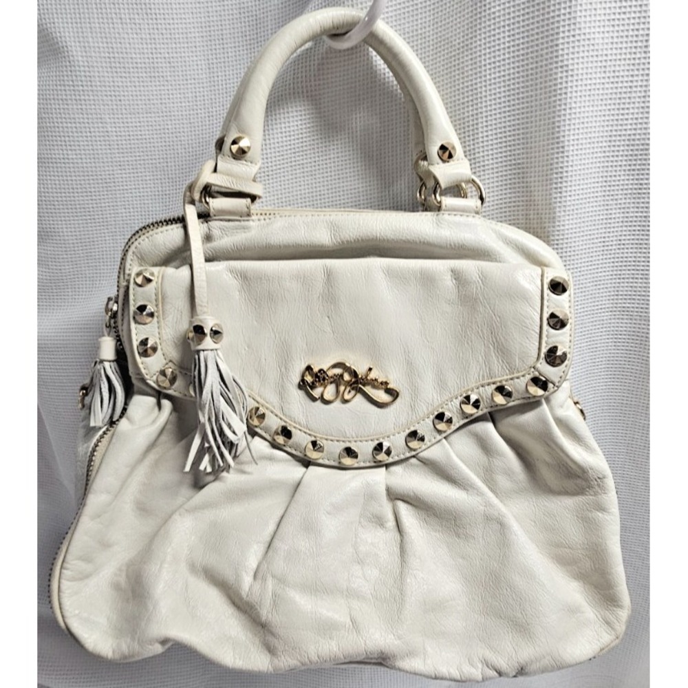 Betsey Johnson studded tassels double zipper‎ shoulder handbag satchel cream